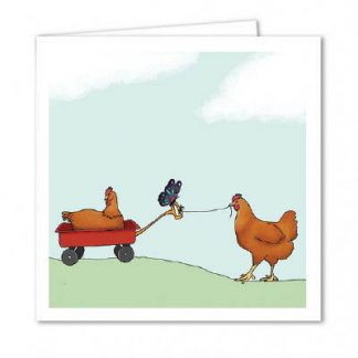 Chickens playing in a cart