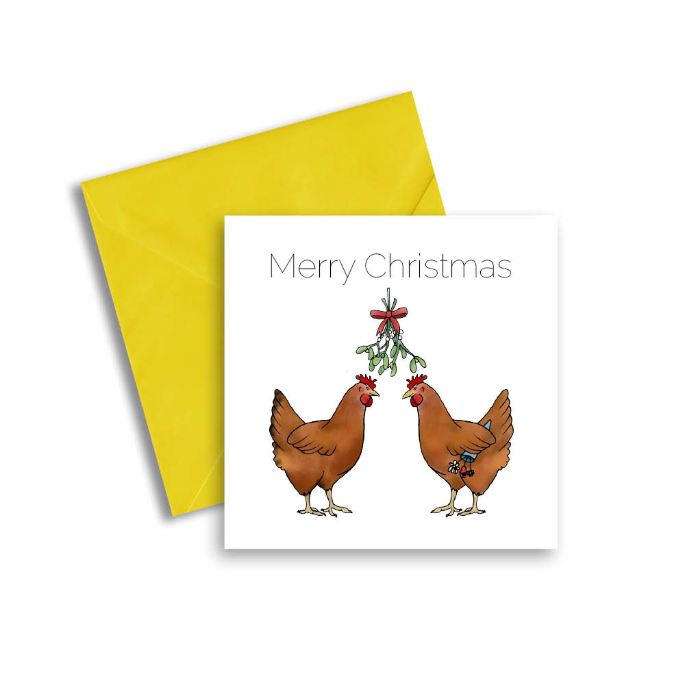 Two Hens Under the Mistletoe Christmas Card - Yellow Chicken House