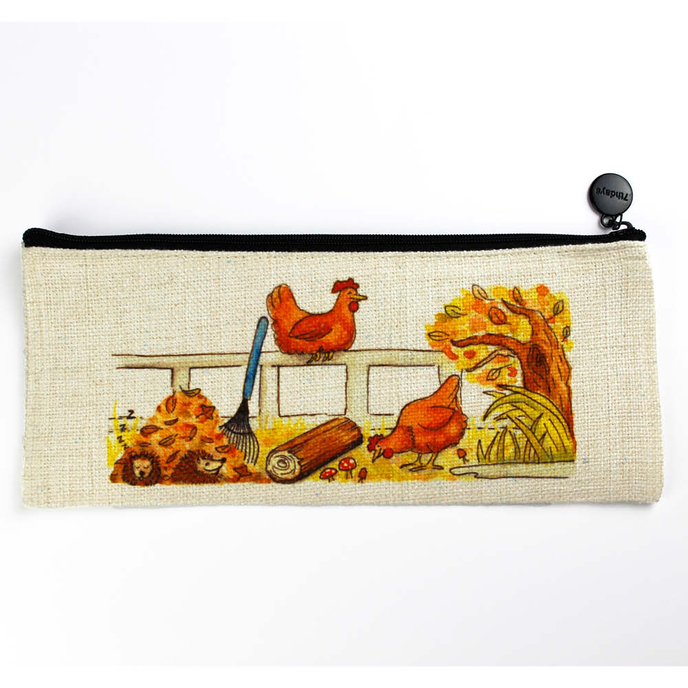 Autumnal Chickens Pencil Case (with hiding hedgehogs) Yellow Chicken